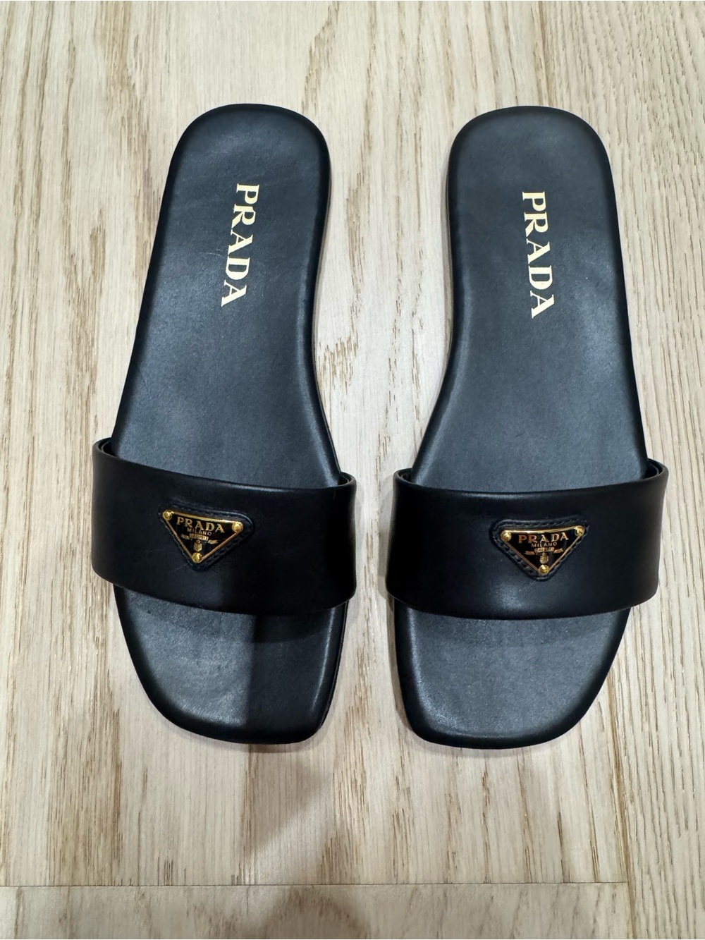 Prada Black Leather Logo Slide Sandals - Picture 3 of 4